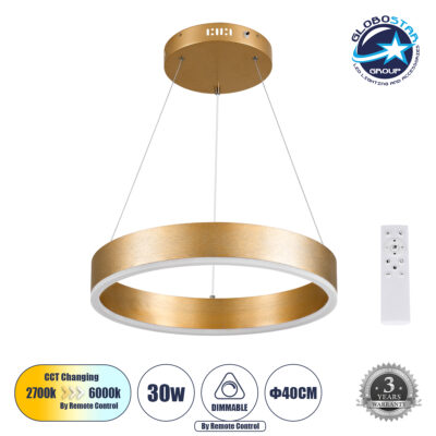LEDTM® VENOM 61175 Μοντέρνο Κρεμαστό Φωτιστικό Οροφής LED 30W 3513lm 120° AC 220-240V IP20 Ρυθμιζόμενο Λευκό CCT με Χειριστήριο από 2700K έως 6000K Dimmable - Lumileds SMD Chip - Χρυσό Βούρτσας - Μ40 x Π40 x Υ6.5cm - 3 Χρόνια Εγγύηση