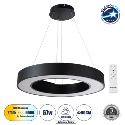 LEDTM® RA 61194 Μοντέρνο Κρεμαστό Φωτιστικό Οροφής LED 67W 7370lm 120° AC 220-240V IP20 Ρυθμιζόμενο Λευκό CCT με Χειριστήριο από 2700K έως 6000K Dimmable - Lumileds SMD Chip - Μαύρο Ματ - Μ60 x Π60 x Υ8cm - 3 Χρόνια Εγγύηση