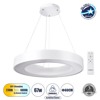LEDTM® RA 61195 Μοντέρνο Κρεμαστό Φωτιστικό Οροφής LED 67W 7370lm 120° AC 220-240V IP20 Ρυθμιζόμενο Λευκό CCT με Χειριστήριο από 2700K έως 6000K Dimmable - Lumileds SMD Chip - Λευκό Ματ - Μ60 x Π60 x Υ8cm - 3 Χρόνια Εγγύηση