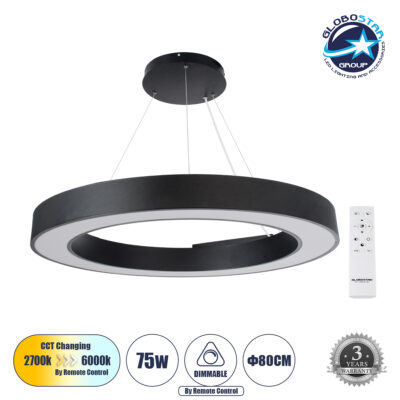 LEDTM® RA 61196 Μοντέρνο Κρεμαστό Φωτιστικό Οροφής LED 75W 8250lm 120° AC 220-240V IP20 Ρυθμιζόμενο Λευκό CCT με Χειριστήριο από 2700K έως 6000K Dimmable - Lumileds SMD Chip - Μαύρο Ματ - Μ80 x Π80 x Υ8cm - 3 Χρόνια Εγγύηση