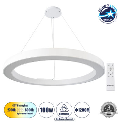LEDTM® RA 61199 Μοντέρνο Κρεμαστό Φωτιστικό Οροφής LED 100W 11020lm 120° AC 220-240V IP20 Ρυθμιζόμενο Λευκό CCT με Χειριστήριο από 2700K έως 6000K Dimmable - Lumileds SMD Chip - Λευκό Ματ - Μ120 x Π120 x Υ8cm - 3 Χρόνια Εγγύηση