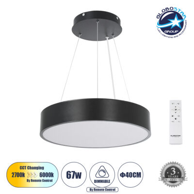 LEDTM® BURTON 61200 Μοντέρνο Κρεμαστό Φωτιστικό Οροφής LED 67W 7370lm 120° AC 220-240V IP20 Ρυθμιζόμενο Λευκό CCT με Χειριστήριο από 2700K έως 6000K Dimmable - Lumileds SMD Chip - Μαύρο Ματ - Μ40 x Π40 x Υ8cm - 3 Χρόνια Εγγύηση