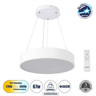 LEDTM® BURTON 61201 Μοντέρνο Κρεμαστό Φωτιστικό Οροφής LED 67W 7370lm 120° AC 220-240V IP20 Ρυθμιζόμενο Λευκό CCT με Χειριστήριο από 2700K έως 6000K Dimmable - Lumileds SMD Chip - Λευκό Ματ - Μ40 x Π40 x Υ8cm - 3 Χρόνια Εγγύηση