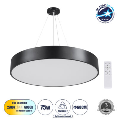 LEDTM® BURTON 61202 Μοντέρνο Κρεμαστό Φωτιστικό Οροφής LED 75W 8625lm 120° AC 220-240V IP20 Ρυθμιζόμενο Λευκό CCT με Χειριστήριο από 2700K έως 6000K Dimmable - Lumileds SMD Chip - Μαύρο Ματ - Μ60 x Π60 x Υ8cm - 3 Χρόνια Εγγύηση