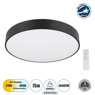 LEDTM® BURTON 61202-S Μοντέρνο Φωτιστικό Οροφής LED 75W 8625lm 120° AC 220-240V IP20 Ρυθμιζόμενο Λευκό CCT με Χειριστήριο από 2700K έως 6000K Dimmable - Lumileds SMD Chip - Μαύρο Ματ - Μ60 x Π60 x Υ8cm - 3 Χρόνια Εγγύηση