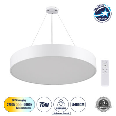 LEDTM® BURTON 61203 Μοντέρνο Κρεμαστό Φωτιστικό Οροφής LED 75W 8625lm 120° AC 220-240V IP20 Ρυθμιζόμενο Λευκό CCT με Χειριστήριο από 2700K έως 6000K Dimmable - Lumileds SMD Chip - Λευκό Ματ - Μ60 x Π60 x Υ8cm - 3 Χρόνια Εγγύηση