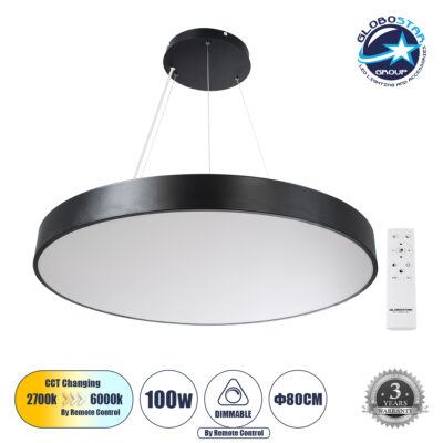 LEDTM® BURTON 61204 Μοντέρνο Κρεμαστό Φωτιστικό Οροφής LED 100W 11020lm 120° AC 220-240V IP20 Ρυθμιζόμενο Λευκό CCT με Χειριστήριο από 2700K έως 6000K Dimmable - Lumileds SMD Chip - Μαύρο Ματ - Μ80 x Π80 x Υ8cm - 3 Χρόνια Εγγύηση