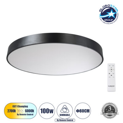 LEDTM® BURTON 61204-S Μοντέρνο Φωτιστικό Οροφής LED 100W 11020lm 120° AC 220-240V IP20 Ρυθμιζόμενο Λευκό CCT με Χειριστήριο από 2700K έως 6000K Dimmable - Lumileds SMD Chip - Μαύρο Ματ - Μ80 x Π80 x Υ8cm - 3 Χρόνια Εγγύηση