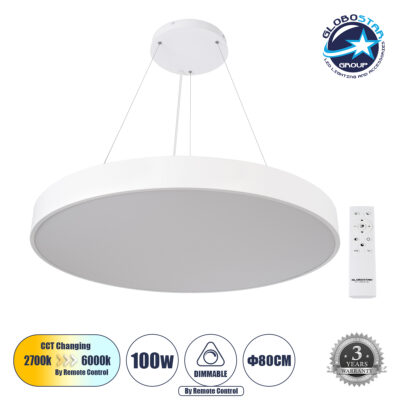 LEDTM® BURTON 61205 Μοντέρνο Κρεμαστό Φωτιστικό Οροφής LED 100W 11020lm 120° AC 220-240V IP20 Ρυθμιζόμενο Λευκό CCT με Χειριστήριο από 2700K έως 6000K Dimmable - Lumileds SMD Chip - Λευκό Ματ - Μ80 x Π80 x Υ8cm - 3 Χρόνια Εγγύηση