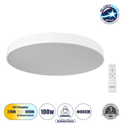 LEDTM® BURTON 61205-S Μοντέρνο Φωτιστικό Οροφής LED 100W 11020lm 120° AC 220-240V IP20 Ρυθμιζόμενο Λευκό CCT με Χειριστήριο από 2700K έως 6000K Dimmable - Lumileds SMD Chip - Λευκό Ματ - Μ80 x Π80 x Υ8cm - 3 Χρόνια Εγγύηση