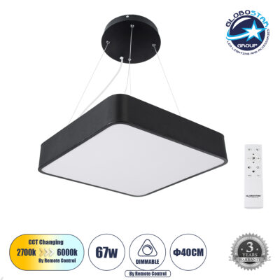LEDTM® KAMALA 61206-P Μοντέρνο Κρεμαστό Φωτιστικό Οροφής LED 67W 7370lm 120° AC 220-240V IP20 Ρυθμιζόμενο Λευκό CCT με Χειριστήριο από 2700K έως 6000K Dimmable - Lumileds SMD Chip - Μαύρο Ματ - Μ40 x Π40 x Υ8cm - 3 Χρόνια Εγγύηση