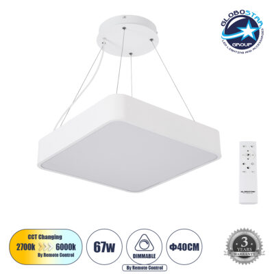 LEDTM® KAMALA 61207 Μοντέρνο Κρεμαστό Φωτιστικό Οροφής LED 67W 7370lm 120° AC 220-240V IP20 Ρυθμιζόμενο Λευκό CCT με Χειριστήριο από 2700K έως 6000K Dimmable - Lumileds SMD Chip - Λευκό Ματ - Μ40 x Π40 x Υ8cm - 3 Χρόνια Εγγύηση