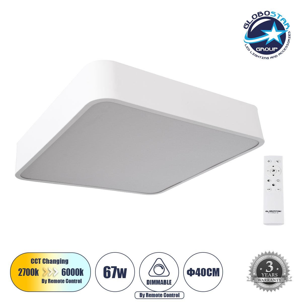 LEDTM® KAMALA 61207-S Μοντέρνο Φωτιστικό Οροφής LED 67W 7370lm 120° AC 220-240V IP20 Ρυθμιζόμενο Λευκό CCT με Χειριστήριο από 2700K έως 6000K Dimmable - Lumileds SMD Chip - Λευκό Ματ - Μ40 x Π40 x Υ8cm - 3 Χρόνια Εγγύηση