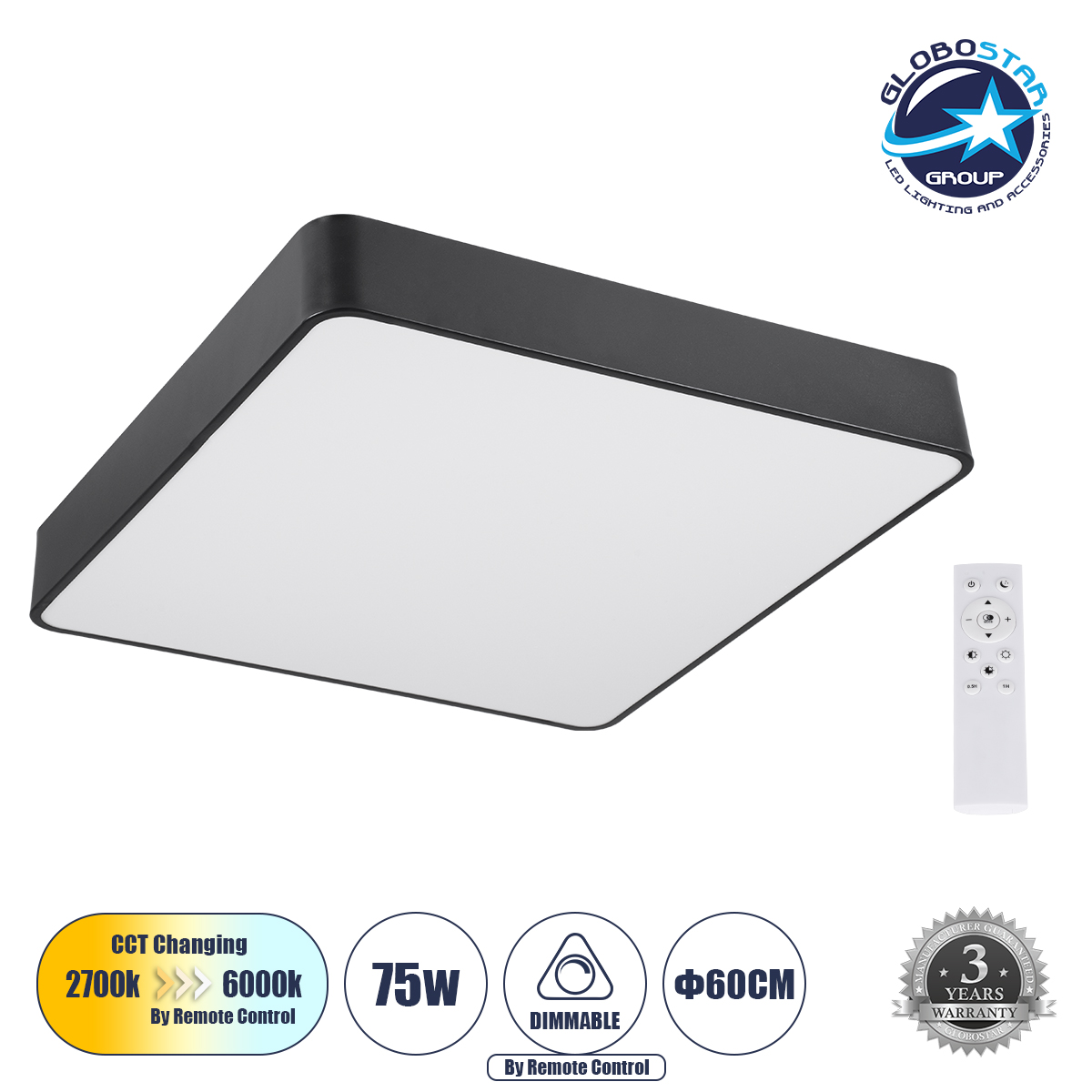 LEDTM® KAMALA 61208-S Μοντέρνο Φωτιστικό Οροφής LED 75W 8625lm 120° AC 220-240V IP20 Ρυθμιζόμενο Λευκό CCT με Χειριστήριο από 2700K έως 6000K Dimmable - Lumileds SMD Chip - Μαύρο Ματ - Μ60 x Π60 x Υ8cm - 3 Χρόνια Εγγύηση