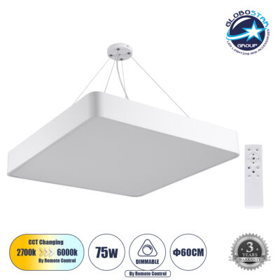 LEDTM® KAMALA 61209 Μοντέρνο Κρεμαστό Φωτιστικό Οροφής LED 75W 8625lm 120° AC 220-240V IP20 Ρυθμιζόμενο Λευκό CCT με Χειριστήριο από 2700K έως 6000K Dimmable - Lumileds SMD Chip - Λευκό Ματ - Μ60 x Π60 x Υ8cm - 3 Χρόνια Εγγύηση