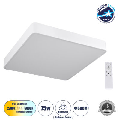 LEDTM® KAMALA 61209-S Μοντέρνο Φωτιστικό Οροφής LED 75W 8625lm 120° AC 220-240V IP20 Ρυθμιζόμενο Λευκό CCT με Χειριστήριο από 2700K έως 6000K Dimmable - Lumileds SMD Chip - Λευκό Ματ - Μ60 x Π60 x Υ8cm - 3 Χρόνια Εγγύηση