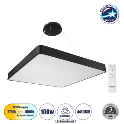 LEDTM® KAMALA 61210-P Μοντέρνο Κρεμαστό Φωτιστικό Οροφής LED 100W 11020lm 120° AC 220-240V IP20 Ρυθμιζόμενο Λευκό CCT με Χειριστήριο από 2700K έως 6000K Dimmable - Lumileds SMD Chip - Μαύρο Ματ - Μ80 x Π80 x Υ8cm - 3 Χρόνια Εγγύηση