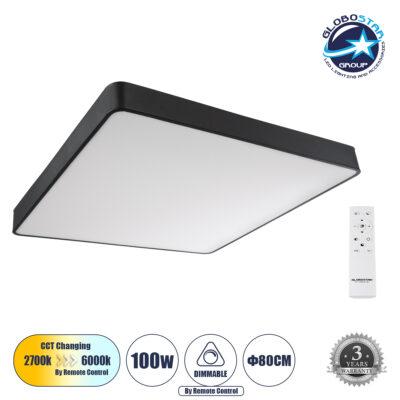 LEDTM® KAMALA 61210-S Μοντέρνο Φωτιστικό Οροφής LED 100W 11020lm 120° AC 220-240V IP20 Ρυθμιζόμενο Λευκό CCT με Χειριστήριο από 2700K έως 6000K Dimmable - Lumileds SMD Chip - Μαύρο Ματ - Μ80 x Π80 x Υ8cm - 3 Χρόνια Εγγύηση