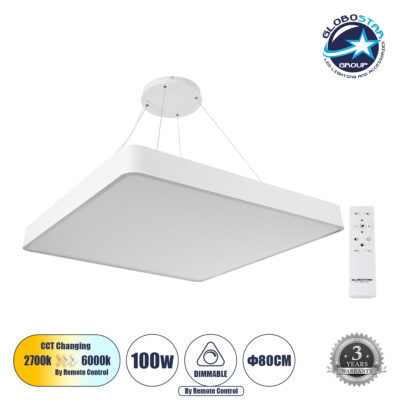 LEDTM® KAMALA 61211-P Μοντέρνο Κρεμαστό Φωτιστικό Οροφής LED 100W 11020lm 120° AC 220-240V IP20 Ρυθμιζόμενο Λευκό CCT με Χειριστήριο από 2700K έως 6000K Dimmable - Lumileds SMD Chip - Λευκό Ματ - Μ80 x Π80 x Υ8cm - 3 Χρόνια Εγγύηση
