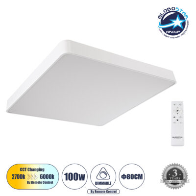 LEDTM® KAMALA 61211-S Μοντέρνο Φωτιστικό Οροφής LED 100W 11020lm 120° AC 220-240V IP20 Ρυθμιζόμενο Λευκό CCT με Χειριστήριο από 2700K έως 6000K Dimmable - Lumileds SMD Chip - Λευκό Ματ - Μ80 x Π80 x Υ8cm - 3 Χρόνια Εγγύηση