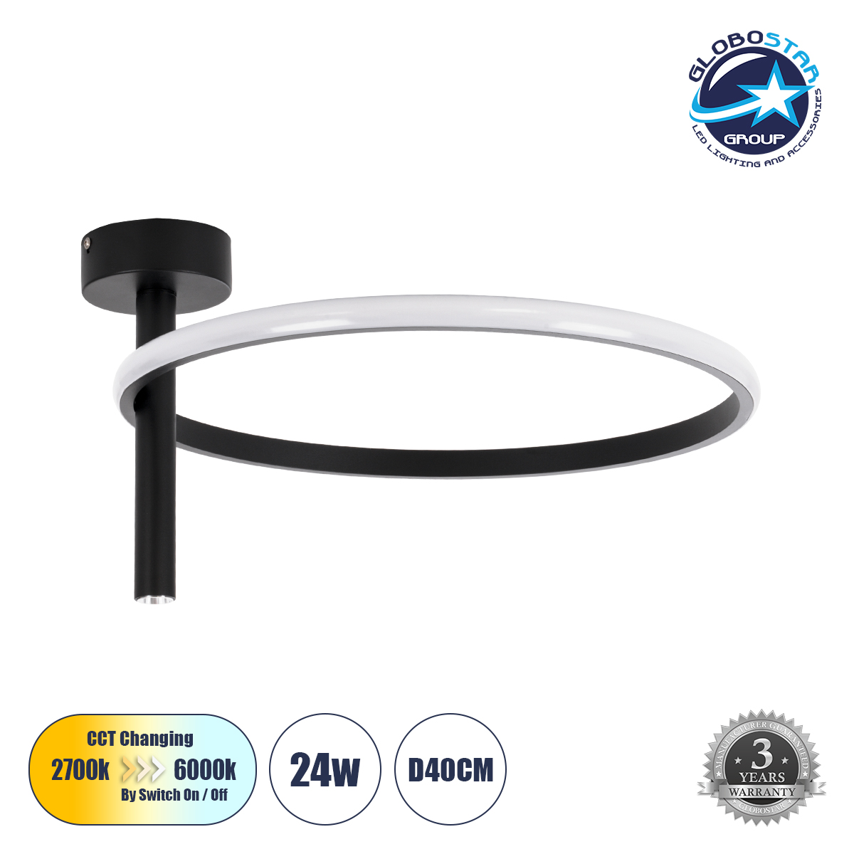 LEDTM® VERONA 61220 Μοντέρνο Φωτιστικό Οροφής LED 24W 2688lm 360° AC 220-240V IP20 Ρυθμιζόμενο Λευκό CCT με On/Off 2700K/4500K/6000K - Lumileds SMD Chip - Μαύρο Ματ - Μ40 x Π40 x Υ23cm - 3 Χρόνια Εγγύηση