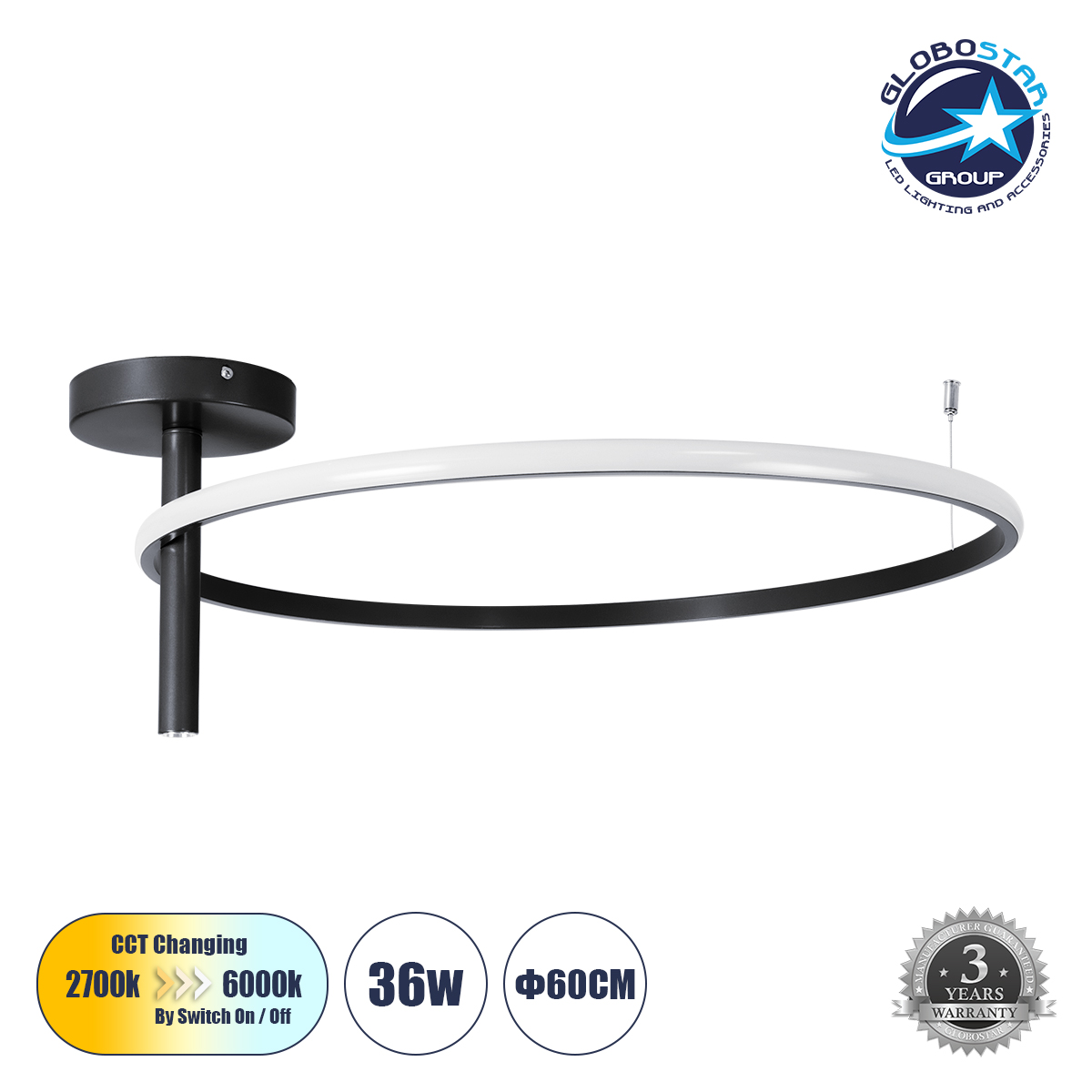 LEDTM® VERONA 61223 Μοντέρνο Φωτιστικό Οροφής LED 36W 4032lm 360° AC 220-240V IP20 Ρυθμιζόμενο Λευκό CCT με On/Off 2700K/4500K/6000K - Lumileds SMD Chip - Μαύρο Ματ - Μ60 x Π60 x Υ23cm - 3 Χρόνια Εγγύηση