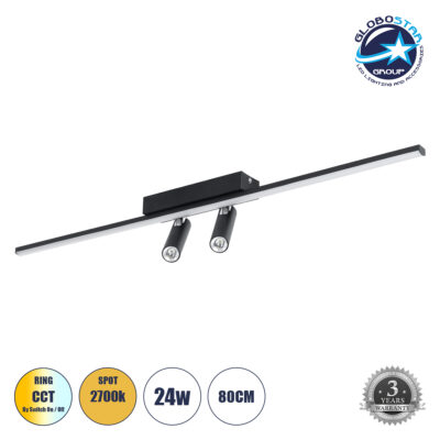 LEDTM® BARETTI 61226 Μοντέρνο Φωτιστικό Οροφής LED 24W 2688lm 160° & 45° AC 220-240V IP20 Ρυθμιζόμενο Λευκό CCT με On/Off 2700K/4500K/6000K - Lumileds SMD Chip - Μαύρο Ματ - Μ80 x Π5 x Υ15cm - 3 Χρόνια Εγγύηση