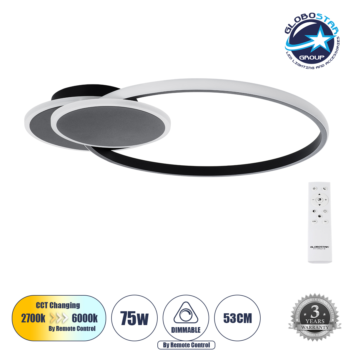 LEDTM® CIRCUO 61229 Μοντέρνο Φωτιστικό Οροφής LED 75W 8400lm 360° AC 220-240V IP20 Ρυθμιζόμενο Λευκό CCT με Χειριστήριο από 2700K έως 6000K Dimmable - Lumileds SMD Chip - Μαύρο Ματ - Μ53 x Π42.5 x Υ9cm - 3 Χρόνια Εγγύηση