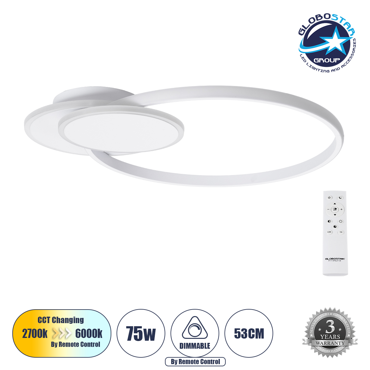 LEDTM® CIRCUO 61230 Μοντέρνο Φωτιστικό Οροφής LED 75W 8400lm 360° AC 220-240V IP20 Ρυθμιζόμενο Λευκό CCT με Χειριστήριο από 2700K έως 6000K Dimmable - Lumileds SMD Chip - Λευκό Ματ - Μ53 x Π42.5 x Υ9cm - 3 Χρόνια Εγγύηση