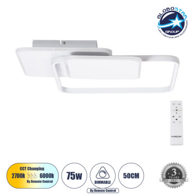 LEDTM® SQUARO 61232 Μοντέρνο Φωτιστικό Οροφής LED 75W 8400lm 360° AC 220-240V IP20 Ρυθμιζόμενο Λευκό CCT με Χειριστήριο από 2700K έως 6000K Dimmable - Lumileds SMD Chip - Λευκό Ματ - Μ48.5 x Π51 x Υ9cm - 3 Χρόνια Εγγύηση