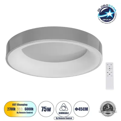 LEDTM® SALEM 61234 Μοντέρνο Φωτιστικό Οροφής LED 75W 8625lm 120° AC 220-240V IP20 Ρυθμιζόμενο Λευκό CCT με Χειριστήριο από 2700K έως 6000K Dimmable - Lumileds SMD Chip - Γκρι - Μ45 x Π45 x Υ9.5cm - 3 Χρόνια Εγγύηση