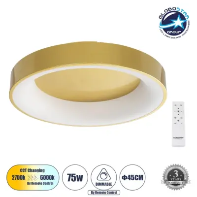 LEDTM® SALEM 61235 Μοντέρνο Φωτιστικό Οροφής LED 75W 8625lm 120° AC 220-240V IP20 Ρυθμιζόμενο Λευκό CCT με Χειριστήριο από 2700K έως 6000K Dimmable - Lumileds SMD Chip - Χρυσό - Μ45 x Π45 x Υ9.5cm - 3 Χρόνια Εγγύηση