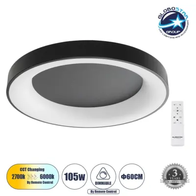 LEDTM® SALEM 61237 Μοντέρνο Φωτιστικό Οροφής LED 105W 12075lm 120° AC 220-240V IP20 Ρυθμιζόμενο Λευκό CCT με Χειριστήριο από 2700K έως 6000K Dimmable - Lumileds SMD Chip - Μαύρο Ματ - Μ60 x Π60 x Υ9.5cm - 3 Χρόνια Εγγύηση