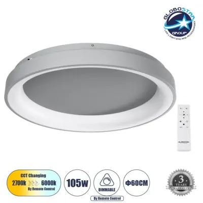 LEDTM® SALEM 61238 Μοντέρνο Φωτιστικό Οροφής LED 105W 12075lm 120° AC 220-240V IP20 Ρυθμιζόμενο Λευκό CCT με Χειριστήριο από 2700K έως 6000K Dimmable - Lumileds SMD Chip - Γκρι - Μ60 x Π60 x Υ9.5cm - 3 Χρόνια Εγγύηση