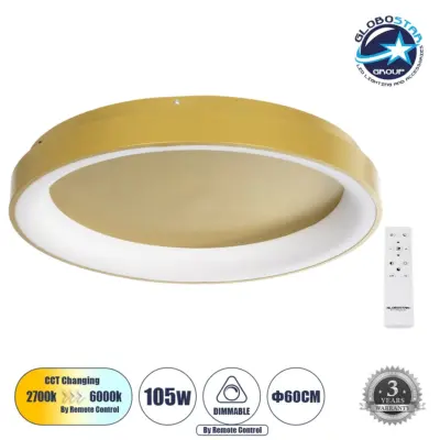 LEDTM® SALEM 61239 Μοντέρνο Φωτιστικό Οροφής LED 105W 12075lm 120° AC 220-240V IP20 Ρυθμιζόμενο Λευκό CCT με Χειριστήριο από 2700K έως 6000K Dimmable - Lumileds SMD Chip - Χρυσό - Μ60 x Π60 x Υ9.5cm - 3 Χρόνια Εγγύηση