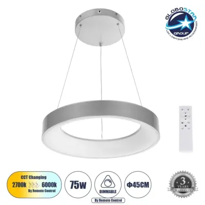 LEDTM® SALEM 61242 Μοντέρνο Κρεμαστό Φωτιστικό Οροφής LED 75W 8625lm 120° AC 220-240V IP20 Ρυθμιζόμενο Λευκό CCT με Χειριστήριο από 2700K έως 6000K Dimmable - Lumileds SMD Chip - Γκρι - Μ45 x Π45 x Υ6cm - 3 Χρόνια Εγγύηση