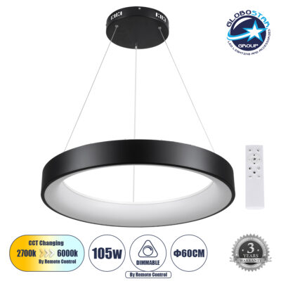 LEDTM® SALEM 61245 Μοντέρνο Κρεμαστό Φωτιστικό Οροφής LED 105W 12075lm 120° AC 220-240V IP20 Ρυθμιζόμενο Λευκό CCT με Χειριστήριο από 2700K έως 6000K Dimmable - Lumileds SMD Chip - Μαύρο Ματ - Μ60 x Π60 x Υ6cm - 3 Χρόνια Εγγύηση