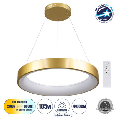 LEDTM® SALEM 61247 Μοντέρνο Κρεμαστό Φωτιστικό Οροφής LED 105W 12075lm 120° AC 220-240V IP20 Ρυθμιζόμενο Λευκό CCT με Χειριστήριο από 2700K έως 6000K Dimmable - Lumileds SMD Chip - Χρυσό - Μ60 x Π60 x Υ6cm - 3 Χρόνια Εγγύηση