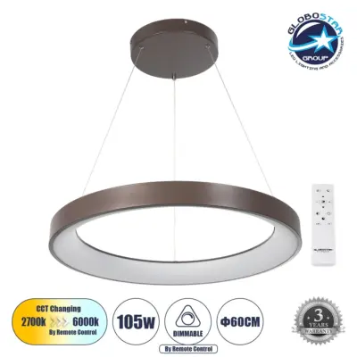 LEDTM® SALEM 61248 Μοντέρνο Κρεμαστό Φωτιστικό Οροφής LED 105W 12075lm 120° AC 220-240V IP20 Ρυθμιζόμενο Λευκό CCT με Χειριστήριο από 2700K έως 6000K Dimmable - Lumileds SMD Chip - Καφέ Ματ - Μ60 x Π60 x Υ6cm - 3 Χρόνια Εγγύηση