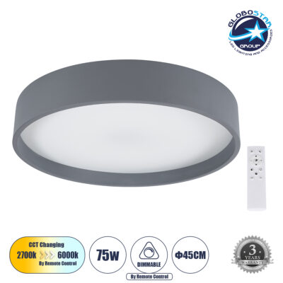 LEDTM® NARNIA 61258 Μοντέρνο Φωτιστικό Οροφής LED 75W 8625lm 120° AC 220-240V IP20 Ρυθμιζόμενο Λευκό CCT με Χειριστήριο από 2700K έως 6000K Dimmable - Lumileds SMD Chip - Γκρι Ανθρακί Ματ - Μ45 x Π45 x Υ8cm - 3 Χρόνια Εγγύηση