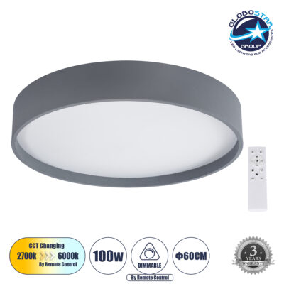 LEDTM® NARNIA 61260 Μοντέρνο Φωτιστικό Οροφής LED 100W 11500lm 120° AC 220-240V IP20 Ρυθμιζόμενο Λευκό CCT με Χειριστήριο από 2700K έως 6000K Dimmable - Lumileds SMD Chip - Γκρι - Μ60 x Π60 x Υ10cm - 3 Χρόνια Εγγύηση