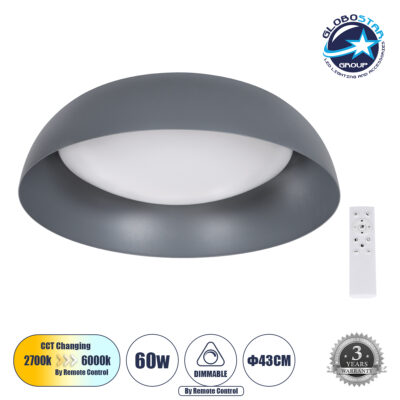 LEDTM® ANATOLIA 61262 Μοντέρνο Φωτιστικό Οροφής LED 60W 6900lm 120° AC 220-240V IP20 Ρυθμιζόμενο Λευκό CCT με Χειριστήριο από 2700K έως 6000K Dimmable - Lumileds SMD Chip - Γκρι - Μ43 x Π43 x Υ11cm - 3 Χρόνια Εγγύηση