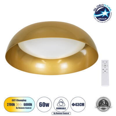 LEDTM® ANATOLIA 61263 Μοντέρνο Φωτιστικό Οροφής LED 60W 6900lm 120° AC 220-240V IP20 Ρυθμιζόμενο Λευκό CCT με Χειριστήριο από 2700K έως 6000K Dimmable - Lumileds SMD Chip - Χρυσό - Μ43 x Π43 x Υ11cm - 3 Χρόνια Εγγύηση