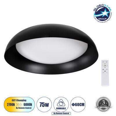 LEDTM® ANATOLIA 61264 Μοντέρνο Φωτιστικό Οροφής LED 75W 8625lm 120° AC 220-240V IP20 Ρυθμιζόμενο Λευκό CCT με Χειριστήριο από 2700K έως 6000K Dimmable - Lumileds SMD Chip - Μαύρο Ματ - Μ60 x Π60 x Υ13cm - 3 Χρόνια Εγγύηση