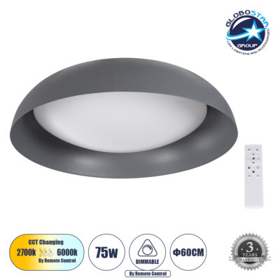 LEDTM® ANATOLIA 61265 Μοντέρνο Φωτιστικό Οροφής LED 75W 8625lm 120° AC 220-240V IP20 Ρυθμιζόμενο Λευκό CCT με Χειριστήριο από 2700K έως 6000K Dimmable - Lumileds SMD Chip - Γκρι - Μ60 x Π60 x Υ13cm - 3 Χρόνια Εγγύηση