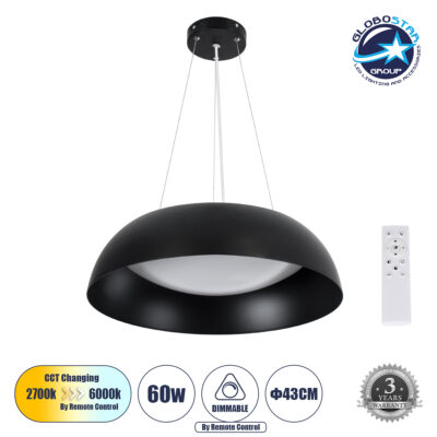 LEDTM® ANATOLIA 61267 Μοντέρνο Κρεμαστό Φωτιστικό Οροφής LED 60W 6900lm 120° AC 220-240V IP20 Ρυθμιζόμενο Λευκό CCT με Χειριστήριο από 2700K έως 6000K Dimmable - Lumileds SMD Chip - Μαύρο Ματ - Μ43 x Π43 x Υ11cm - 3 Χρόνια Εγγύηση