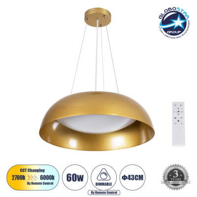 LEDTM® ANATOLIA 61268 Μοντέρνο Κρεμαστό Φωτιστικό Οροφής LED 60W 6900lm 120° AC 220-240V IP20 Ρυθμιζόμενο Λευκό CCT με Χειριστήριο από 2700K έως 6000K Dimmable - Lumileds SMD Chip - Χρυσό - Μ43 x Π43 x Υ11cm - 3 Χρόνια Εγγύηση