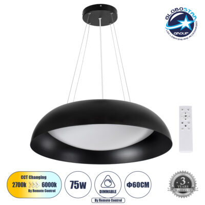 LEDTM® ANATOLIA 61269 Μοντέρνο Κρεμαστό Φωτιστικό Οροφής LED 75W 8625lm 120° AC 220-240V IP20 Ρυθμιζόμενο Λευκό CCT με Χειριστήριο από 2700K έως 6000K Dimmable - Lumileds SMD Chip - Μαύρο Ματ - Μ60 x Π60 x Υ12.5cm - 3 Χρόνια Εγγύηση