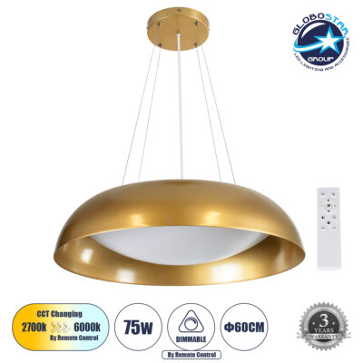 LEDTM® ANATOLIA 61270 Μοντέρνο Κρεμαστό Φωτιστικό Οροφής LED 75W 8625lm 120° AC 220-240V IP20 Ρυθμιζόμενο Λευκό CCT με Χειριστήριο από 2700K έως 6000K Dimmable - Lumileds SMD Chip - Χρυσό - Μ60 x Π60 x Υ12.5cm - 3 Χρόνια Εγγύηση