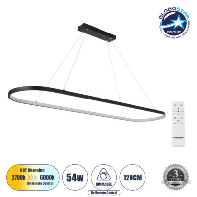 LEDTM® BOLIVAR 61271 Μοντέρνο Κρεμαστό Φωτιστικό Οροφής LED 54W 6210lm 360° AC 220-240V IP20 Ρυθμιζόμενο Λευκό CCT με Χειριστήριο από 2700K έως 6000K Dimmable - Lumileds SMD Chip - Μαύρο Ματ - Μ120 x Π30 x Υ2cm - 3 Χρόνια Εγγύηση